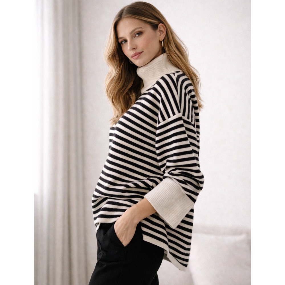 H&M Premium Wool Blend Striped Turtleneck Sweater Black‎ Cream XS French Coastal